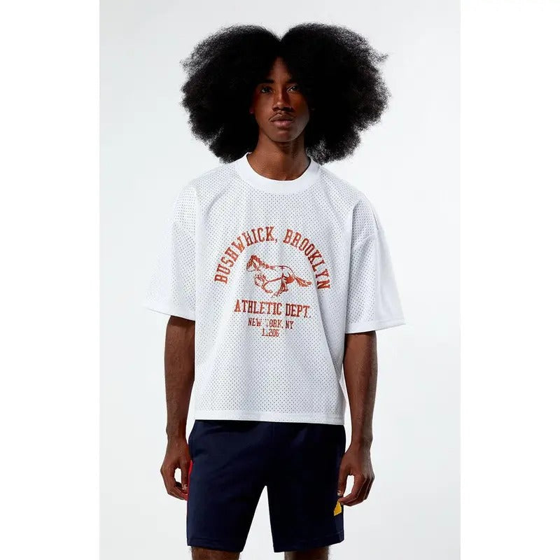PacSun Men's White Leagues Mesh Boxy Cropped Jersey T-Shirt