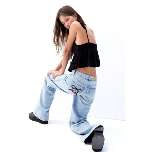 PacSun Women's Casey Light Indigo Cherry Bow Low Rise Baggy Jeans
