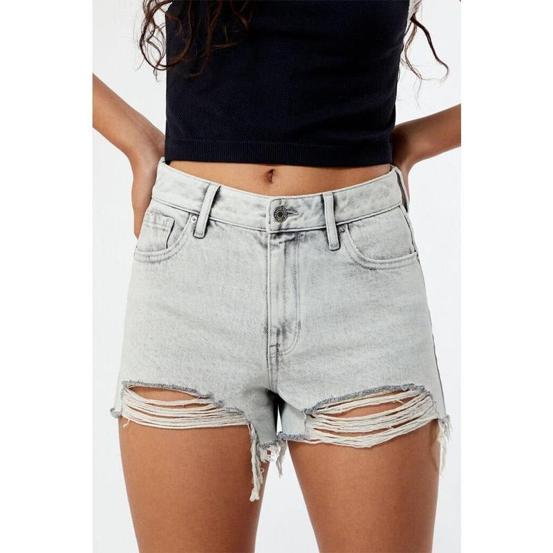 PacSun Women's Eco Light Gray Ripped High Waisted Denim Festival Shorts