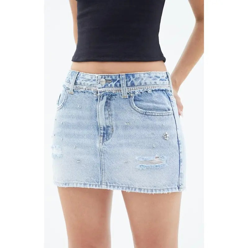 PacSun Women's Light Indigo Rhinestone Mid Rise Denim Mini Skirt - Multicolor T-Shirts, Hoodie, Sweatshirt | WearSparks.com