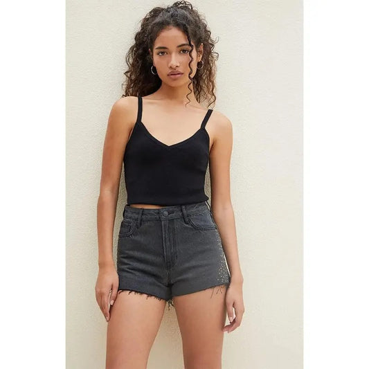 Pacsun Women's Black Rhinestone High Waisted Denim Festival Shorts