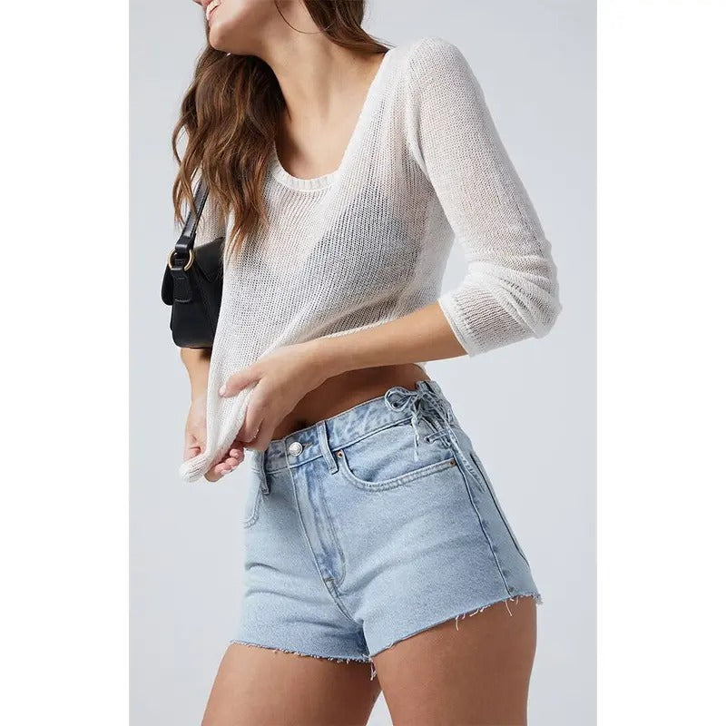 Pacsun Women's Light Indigo Lace Up Side High Waisted Denim Festival Shorts T-Shirts, Hoodie, Sweatshirt | WearSparks.com