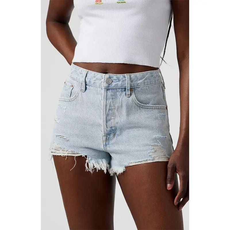 Pacsun Women's Light Indigo Ripped Button Fly High Waisted Denim Festival Shorts T-Shirts, Hoodie, Sweatshirt