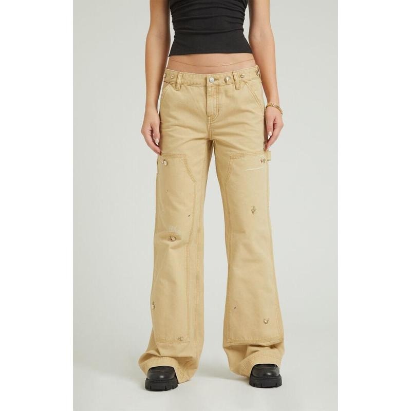 Pacsun Women's Tan Rhinestone Low Rise Baggy Carpenter Pants