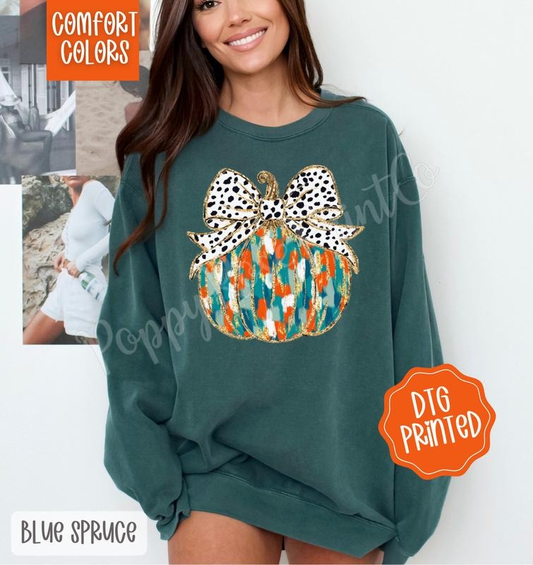 Painted Pumpkin Comfort Colors Sweatshirt, Trendy Coquette Fall Crewneck T-Shirts, Hoodie | WearSparks.com
