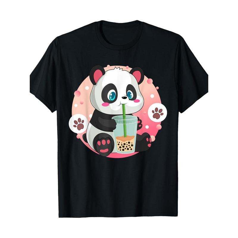 Panda Boba Tea Cartoon Print T-Shirt, 100% Cotton, Casual Crew Neck, Short Sleeve, Regular Fit, Knit Fabric, with Geometric Pattern, for Adults, All-Season Pullover Made in USA