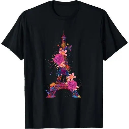 Paris Colorful Eiffel Tower with Rose France Souvenir French T-Shirt Made in USA