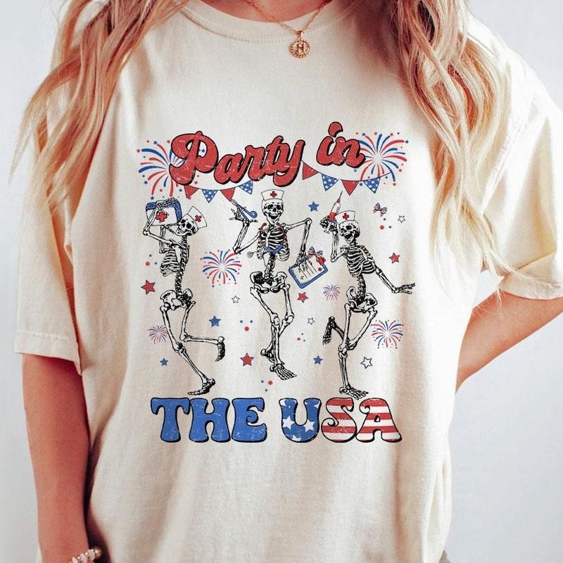 Party In The USA Shirts, 4th Of July Shirt, Shirts For Nurses, Dancing Skeleton Nurse T-shirts, USA Retro Shirts, America Flag Shirt, Women's Tops, Independence Day, Nurse Shirts, Fourth Of July Tee, Retro American Nurse Shirts