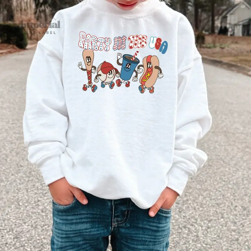 Party in the USA Youth Sweatshirt and Kid's Comfort Colors T-Shirt, Patriotic Kids Crewneck, 4th of July Pullover, Funny Youth Tee, Cozy Kids Sweatshirt, Youth Outfit