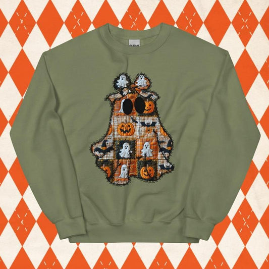 Patchwork Ghost Halloween Sweatshirt - Spooky Season Unisex Apparel Relaxed Fit Printed In The USA Clothing Womenswear Casual Comfort Cotton Top Athletic Boho Chic garment-dyed heavyweight Crewneck