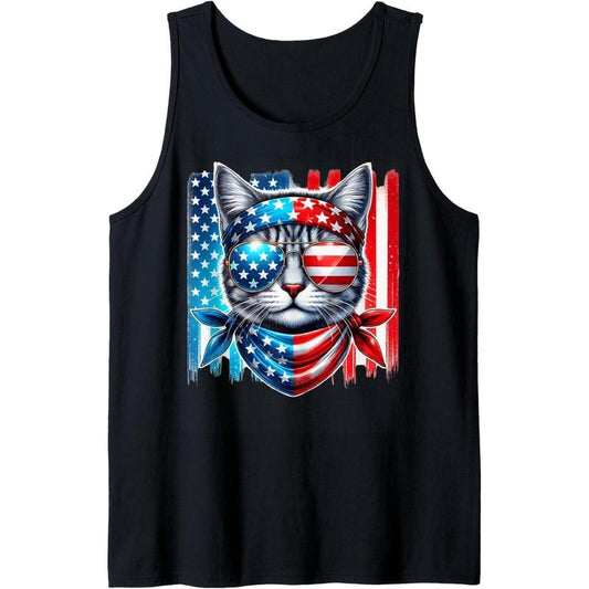 Patriotic American Flag Kitten Sunglasses Lover Cute Cat Tank Top made in USA