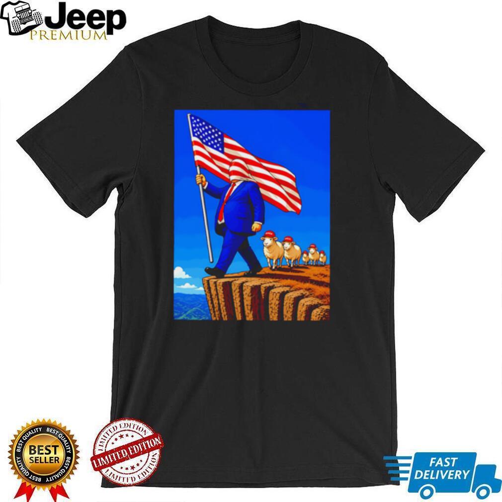 Patriotic American Flag Sheep Cliff Political Satire Illustration Graphic T Shirt