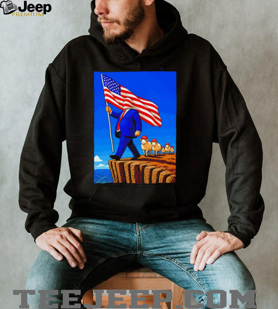 Patriotic American Flag Sheep Cliff Political Satire Illustration Graphic T Shirt
