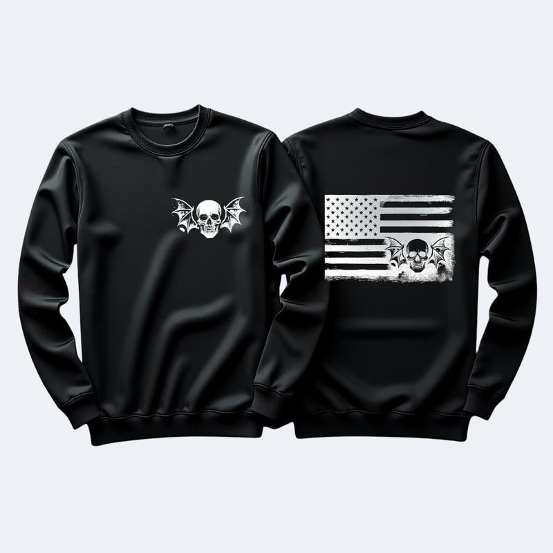 Patriotic American Flag Sweatshirt with Skulls Grunge Alt Hoodie Tops Womenswear Crewneck Long Sleeve Pullover Casual Black Design Piece Style