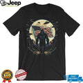 Patriotic Bigfoot Holding American Flag with UFOs Moon T Shirt