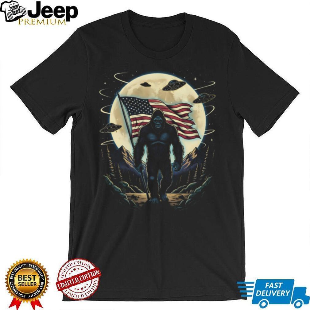 Patriotic Bigfoot Holding American Flag with UFOs Moon T Shirt