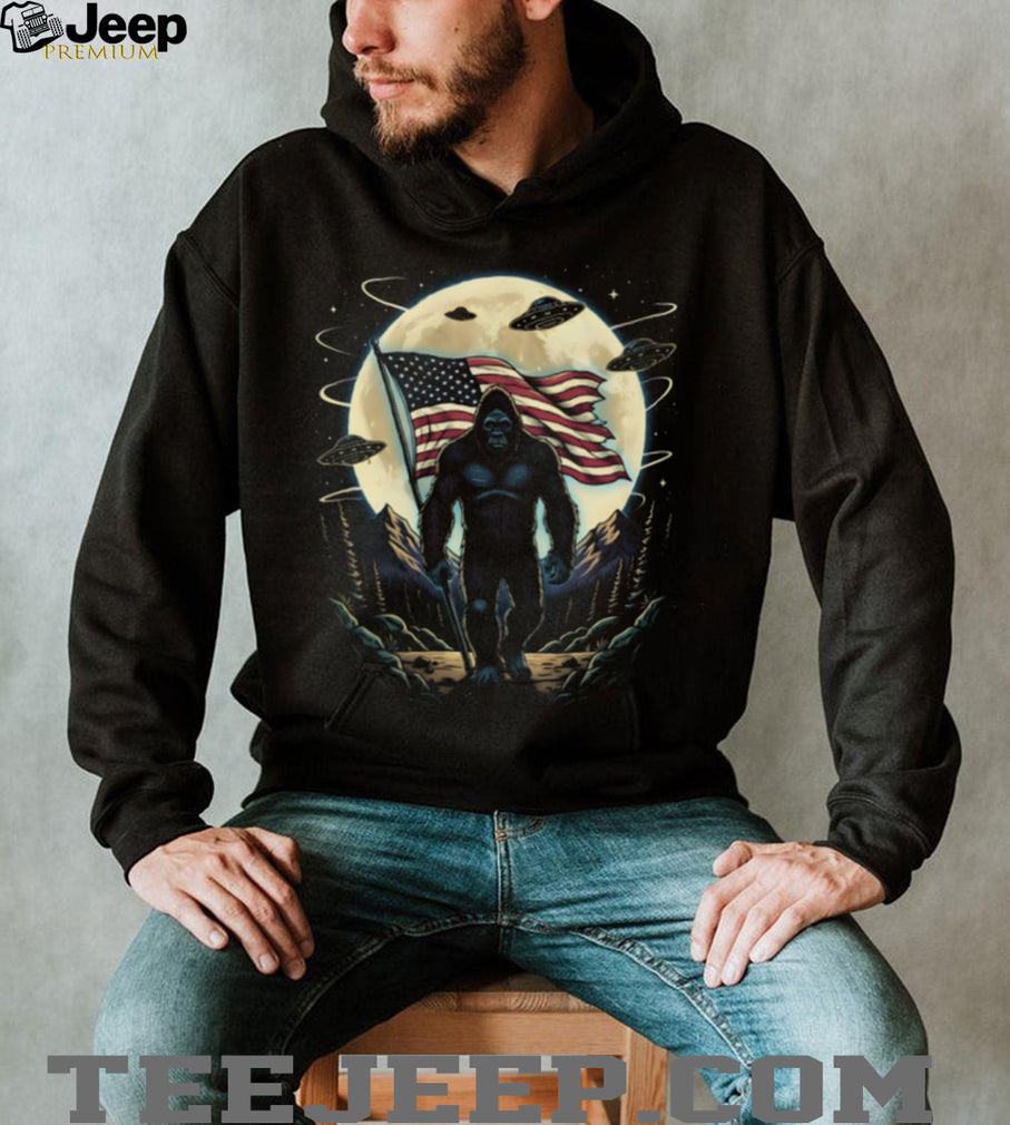 Patriotic Bigfoot Holding American Flag with UFOs Moon T Shirt