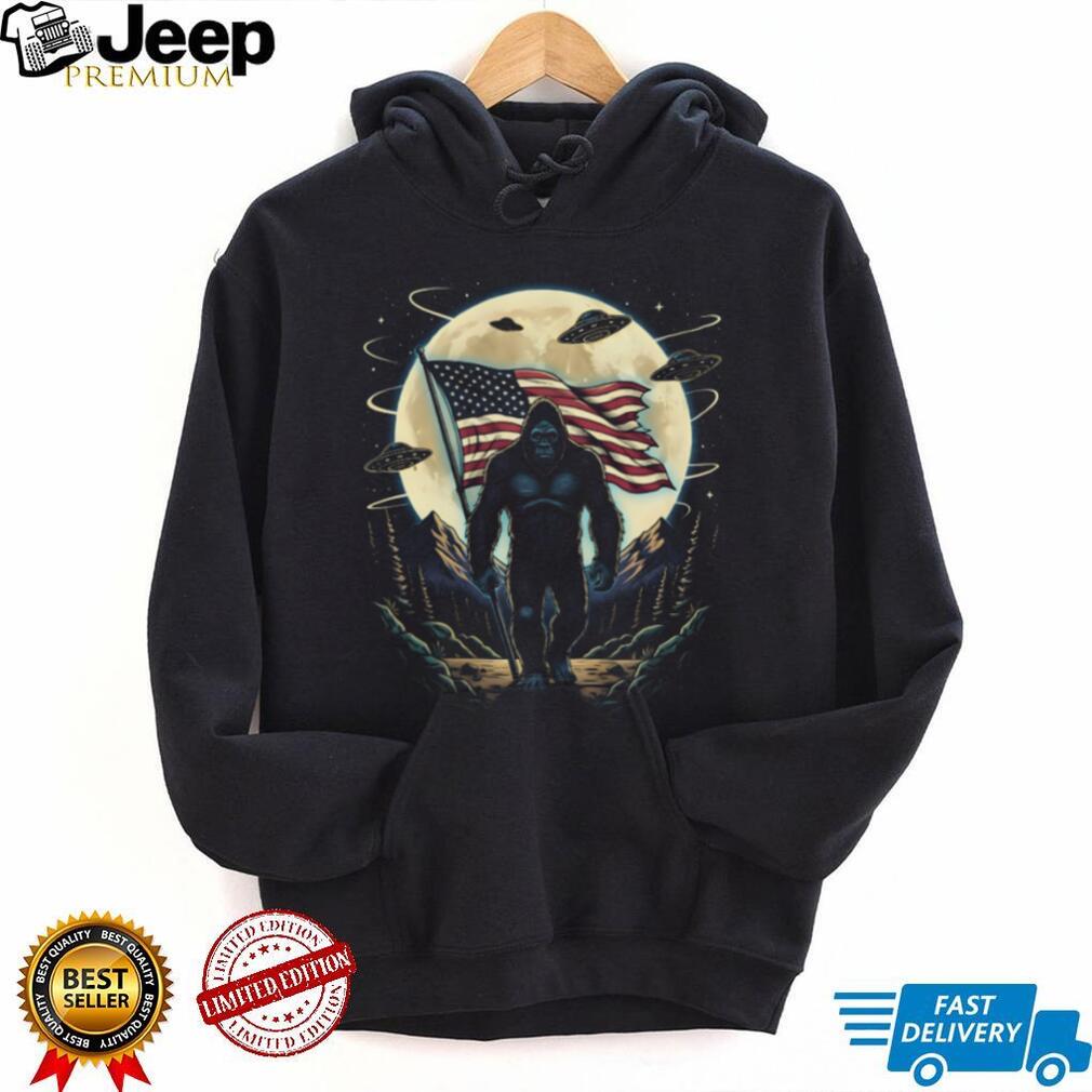 Patriotic Bigfoot Holding American Flag with UFOs Moon T Shirt