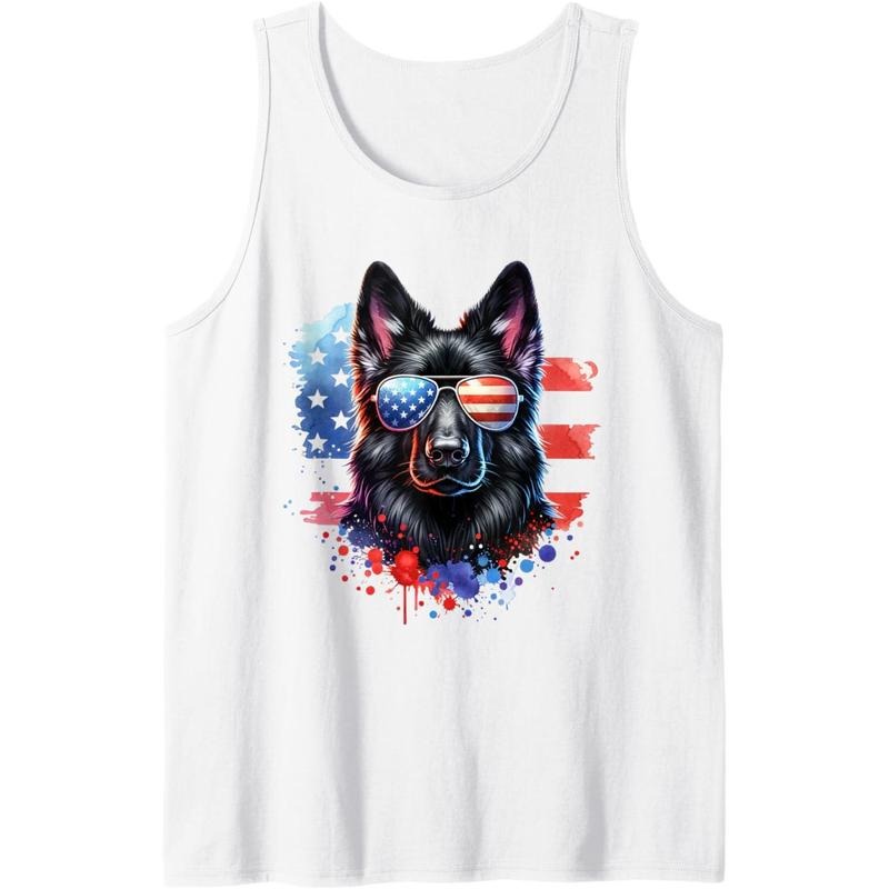 Patriotic Black German Shepherd Dog American Flag Watercolor Tank Top made in USA