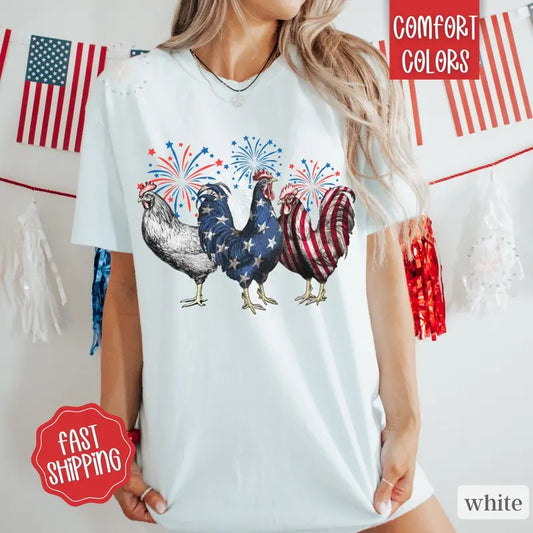 Patriotic Chicken Shirt Comfort Colors, July 4th Shirt, USA Oversized Graphic Tshirt, America Tshirts, Memorial Day Shirt