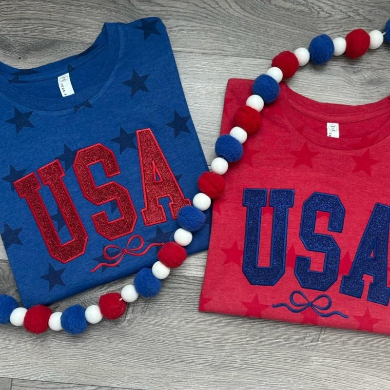 Patriotic Coquette Bow USA Glitter Tee