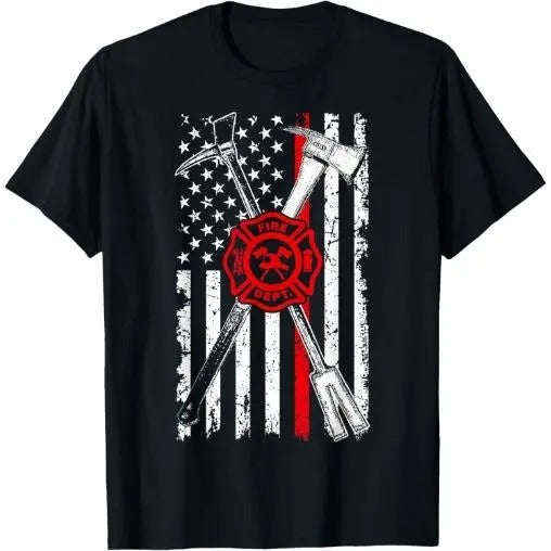 Patriotic Design Axe Halligan Thin Line Red Firefighter T-Shirt Made in USA