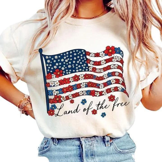 Patriotic Floral Shirt, Floral USA Flag Land Of The Free Shirt Sublimation 4th Of July t-shirt Independence Day