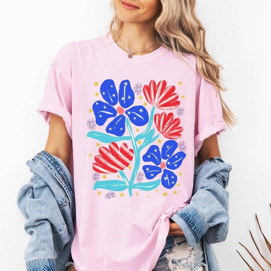 Patriotic Flowers, Red White Blue, America, USA, 4th of July Tshirt, Women's Comfort Colors Tee