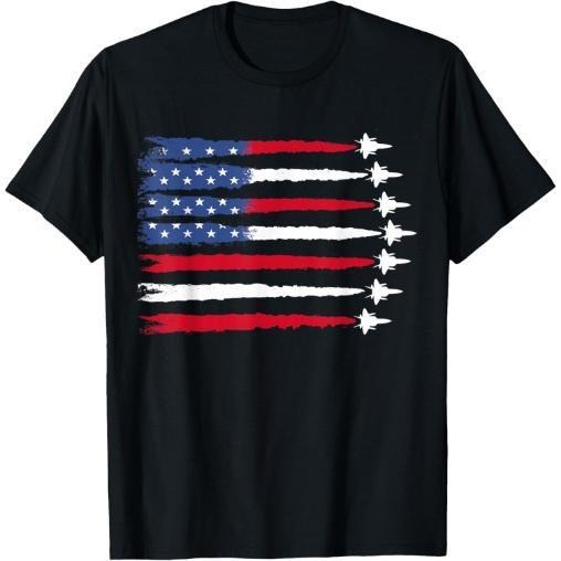 Patriotic Red White Blue USA Flag Fighter Jets 4th of July T-Shirt Made in USA