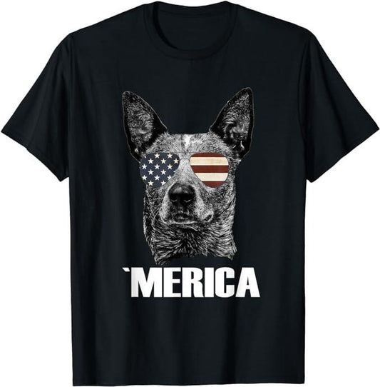 Patriotic Shirts For Men, 4th July Blue Heeler Dog Merica Patriotic USA Flag Cute T-Shirt Menswear Top Casual Cotton Basic Fashion