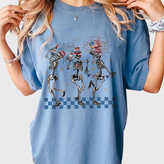 Patriotic USA Dancing Skeleton Shirt, 4th Of July Shirts, Western 4th Of July Shirt, 1776 America T-Shirt, Fourth Of July Tee, Independence Day Shirt, Retro Skull 4th Of July Outfits, American Tee, Independence Day Parade Outfits, Women Top