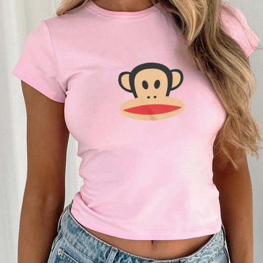 Paul Frank Monkey Baby Tee, Cute Monkey Graphic Baby Tee, Monkey Printed Tee Shirt, Y2K Aesthetic Baby Tee