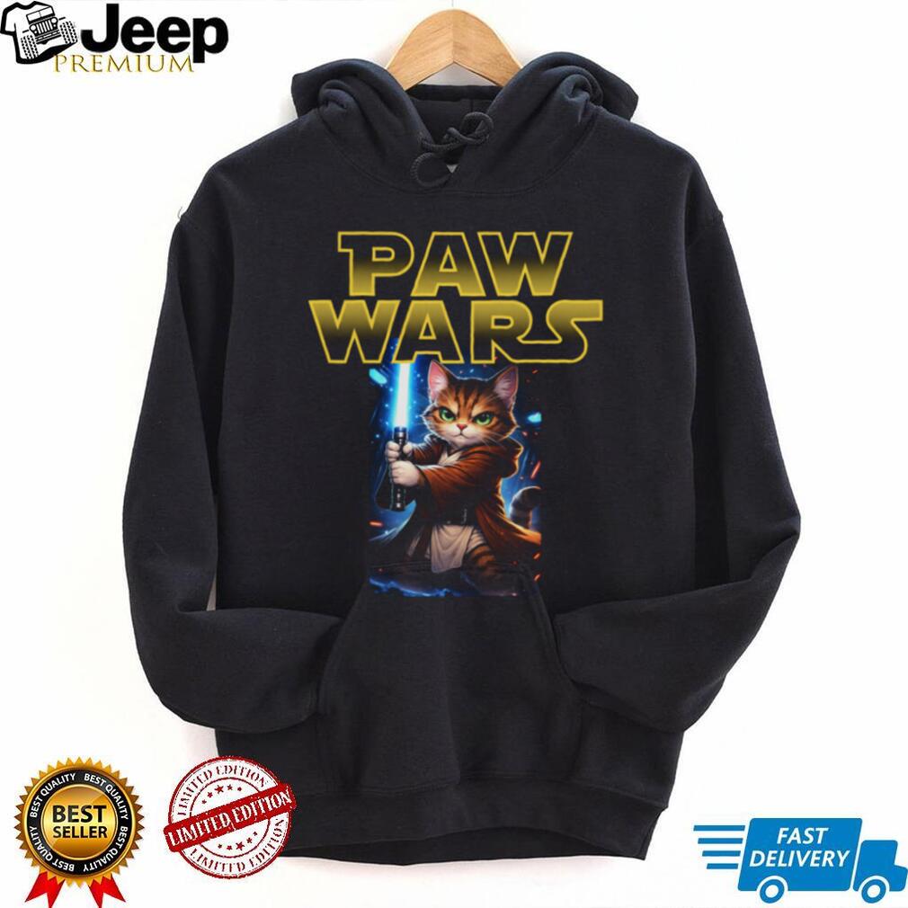 Paw Wars Jedi Cat With Lightsaber Funny Space Kitten T Shirt