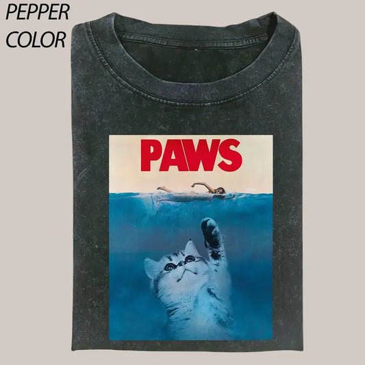 Paws Jaws Movie Parody When Cats Attack T-Shirt, Cat Love Vintage Graphic Tee,Funny Cat Shirt, Women's T-shirts Streetwear Top