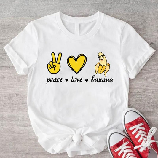 Peace Love Banana T-Shirt, Funny Banana Lover Shirt, Banana Themed Fan Tee, Fruits Lover Short Sleeve, Trending Shirt.