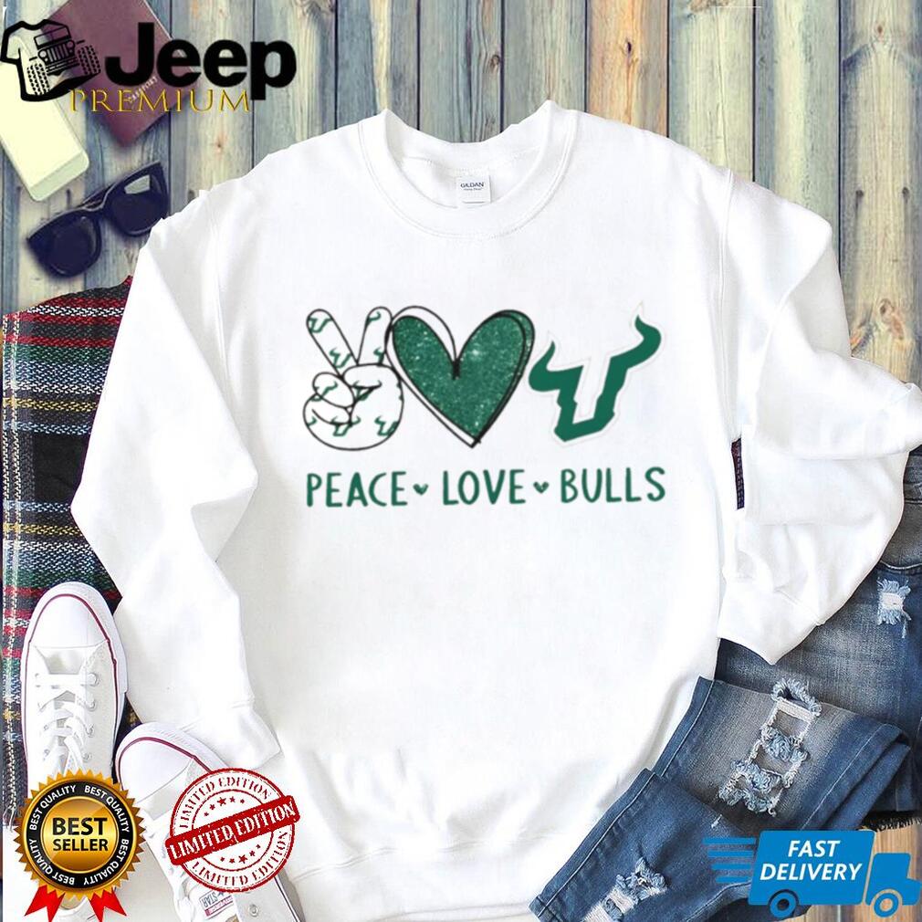 Peace Love Bulls USF South Florida Green Glitter Fan T Shirt
