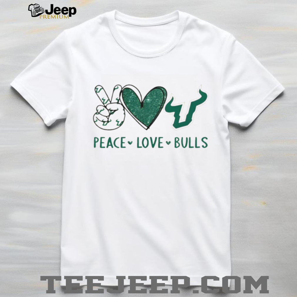 Peace Love Bulls USF South Florida Green Glitter Fan T Shirt