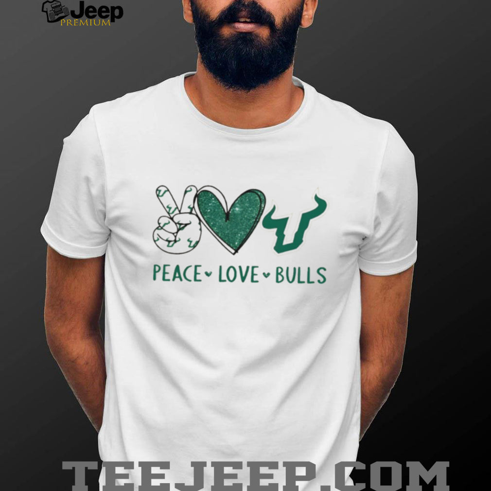 Peace Love Bulls USF South Florida Green Glitter Fan T Shirt