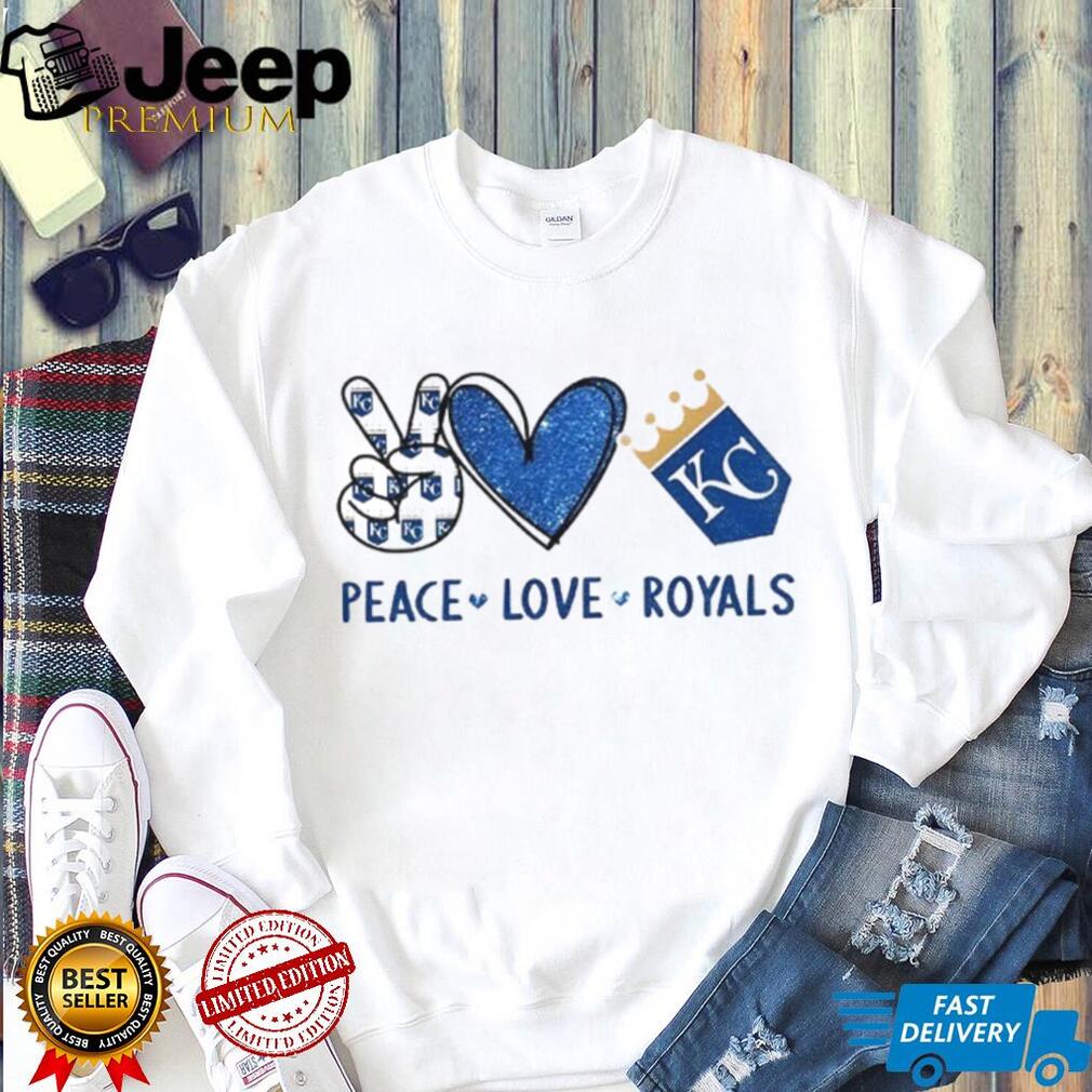 Peace Love Royals Kansas City Baseball Fan Blue Glitter Logo T shirt