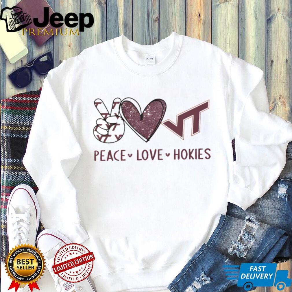Peace Love Virginia Tech Hokies Maroon and Orange T Shirt