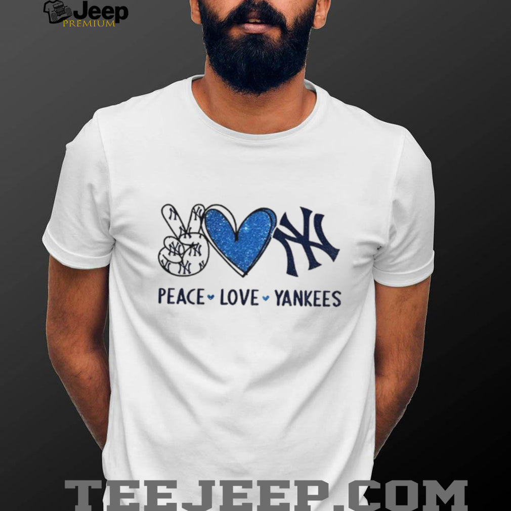 Peace Love Yankees New York Baseball Blue Glitter Heart T Shirt
