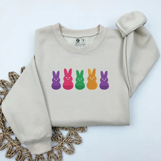 Peeps Easter Bunny Embroidered Sweatshirt, Easter Peeps Sweatshirt, Women's Easter Bunny Crewneck, Cute Spring Rabbit Sweater