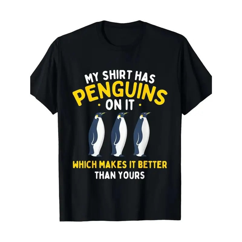 Penguin Graphic Cotton T-Shirt for Men - Casual Round Neck Short Sleeve Tee with Humorous Print, Mature Style, Regular Fit, Stretch Fabric, Suitable for All Seasons Made in USA