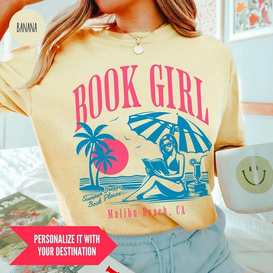 Personalized Book Girl Summer Shirt, Retro Beach Book Lover Vacation TShirt, Vintage Romance Reader Tee, Girly Bookish Shirt, Booktok Merch, Bookworm Gift For Her, Booktok Shirt