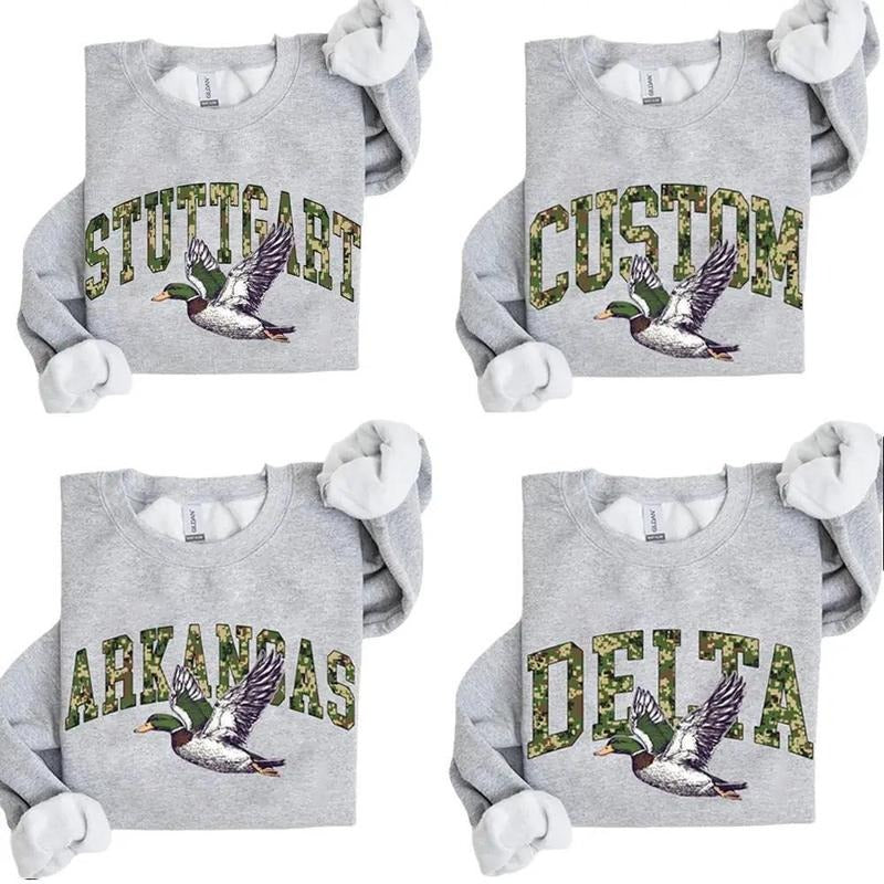 Personalized Camo Flying Mallard Duck State Name Hunting Camouflage Unisex Vintage Pullover Sweatshirt Personalize, Custom Text, Cotton