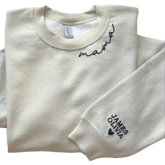 Personalized Mama Puff Print Sweatshirt with Kid Names on Sleeve, Mothers Day Gift, Birthday Gift for Mom, New Mom Gift,...