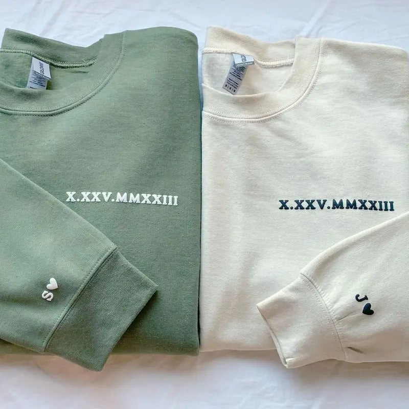 Personalized Puff Print Roman Numeral Date Sweatshirt, Custom Sleeve Initial Couples Sweater, Valentines Day Sweatshirt,...