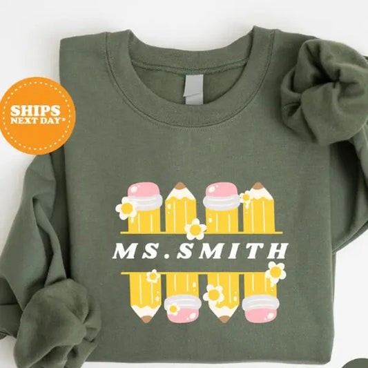 Personalized Teacher Sweatshirt, Retro Teacher Pencil Sweatshirt, Gift for Teacher, Mrs Custom Teacher T-Shirts, Hoodie