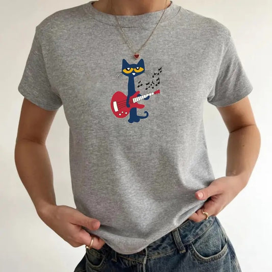 Pete The Cat Playing Guitar Baby Tee, Cute Cat Baby Tee, Pete The Cat T-Shirt, Y2K Baby Tee