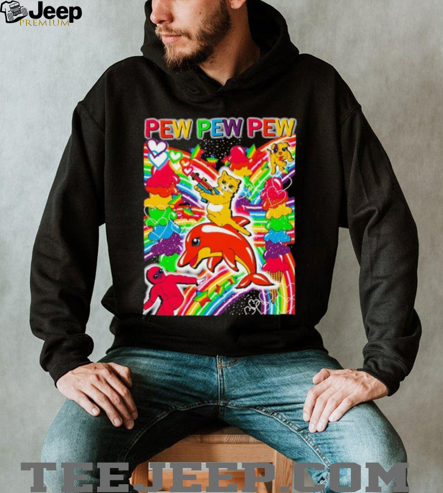 Pew Pew Pew Rainbow Cat Riding Dolphin Vaporwave Aesthetic T Shirt